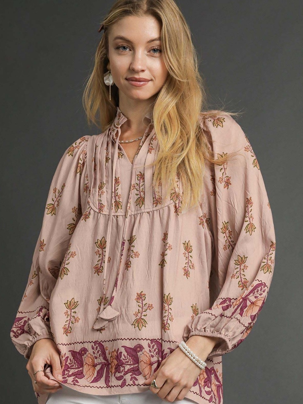 💖 Umgee Floral Boho Peasant Blouse- Stone